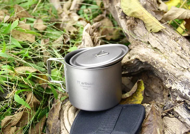 Tiartisan 350ml 750ml Tatinium Cup Hiking Tableware Fodable Handle Coffee Cups with lids Lightweight Frosted Cup Mugs