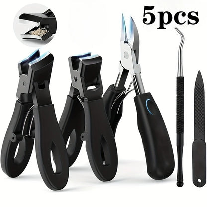 5pc Modern Stainless Steel Toenail Clippers Set with Ergonomic Handle,Includes Wide Mouth Angled Scissors,Nail File Cuticle Tool