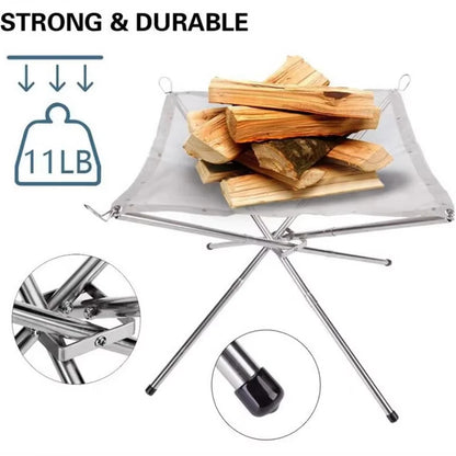 Portable Outdoor BBQ Bonfire Rack, BBQ Fire Pit Grill, Stainless Steel Mesh Fire Pit Wood Stove Stand, Foldable Fire Frame Rack