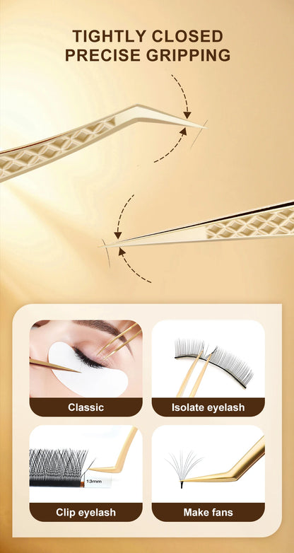 Lashtalk Precision Fiber Tip Tweezer Eyelash Extensions Diamond Grip Anti-Slip Premium Gold Stainless Steel Makeup With Box Pack