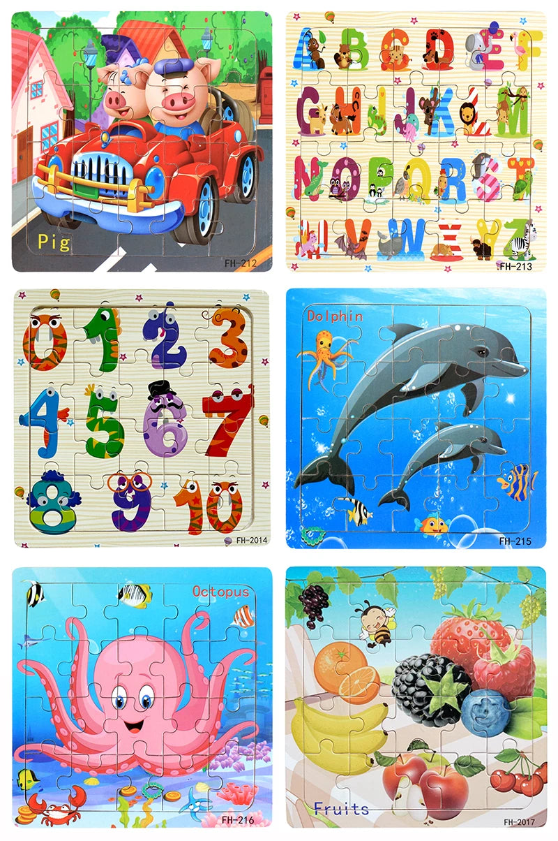 20piece Wooden Puzzle Cartoon Animals Car Letter Number Pattern Jigsaw Puzzles Game Kids Educational Learning Toys for Children
