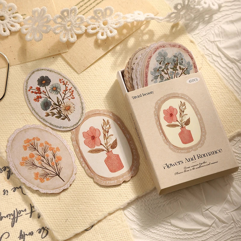 Mr. Paper 45pcs Serene Florals Sticker Pack - Boxed Flower Theme Collection, DIY Journal Collage Decor Set, Literary Stationery