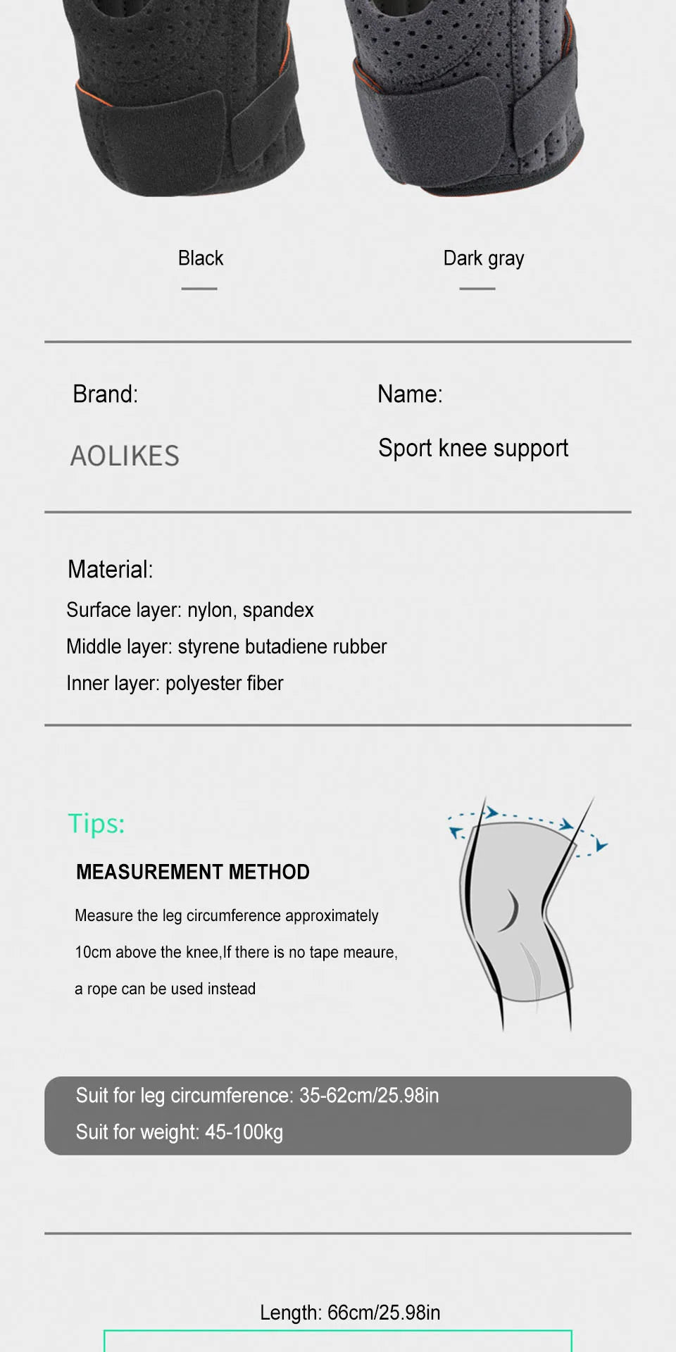 AOLIKES 1PCS NEW Knee Brace with Side Stabilizers & Patella Gel Pads,Knee Support for Cycling,Running,Climbing