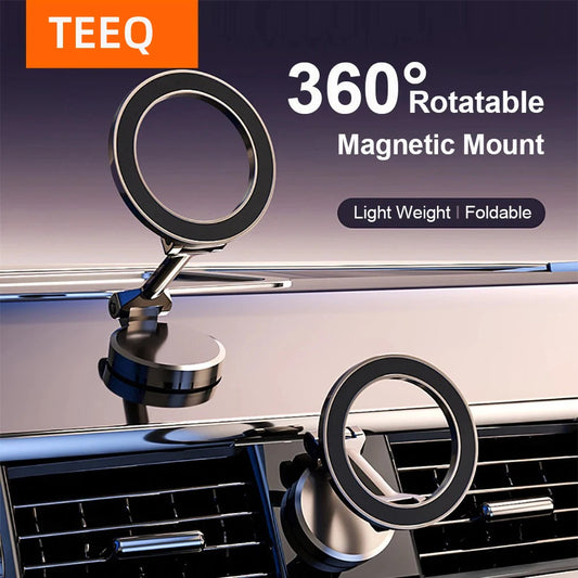 Alloy Folding Magnetic Car Compact Cell Phone Holder for Mac-Safe 360° Adjustable Magnetic Car Mount for iPhone 15 14 13 12 Pro