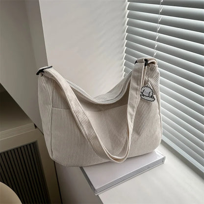 Women’s Corduroy Shoulder Bag, Casual Striped Large Capacity Tote with Zipper Closure, Cute Hat Patch, Perfect for Everyday Use