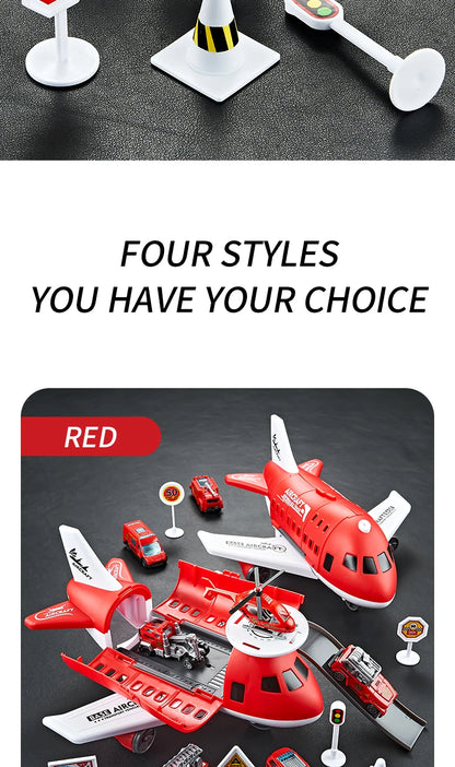 Children's Airplane Car Toy, Inertial Airplane Model, Equipped with 6 Road Signs Random 3 Cars 1 Helicopter, Christmas Gift