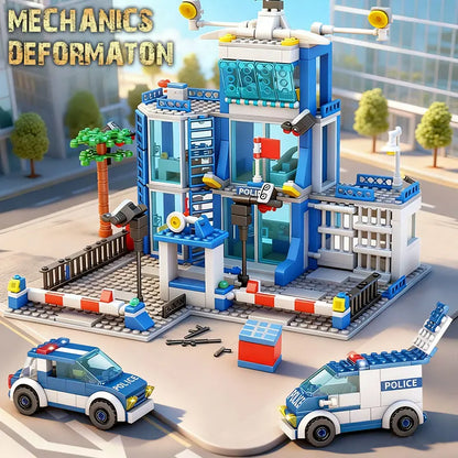 City police station building block group boy DIY car brick police station model building children's educational toy gift
