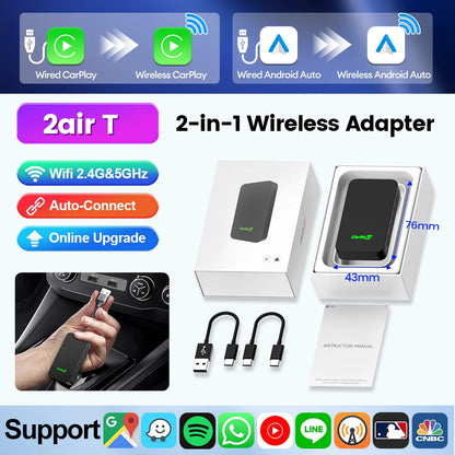 Carlinkit 5.0 2air Wireless CarPlay Android Auto Wireless Adapter 2in1 Plug and Play Auto Connection 5.8Ghz WiFi Bluetooth GPS