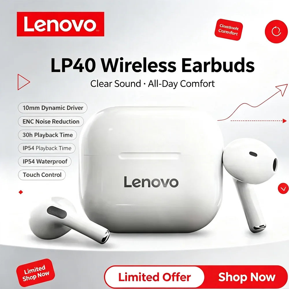 Lenovo LP40 Wireless Earbuds Bluetooth 5.0 Headphones Touch Control Stereo Sound Earphone Sport Waterproof Mini TWS Earbuds For