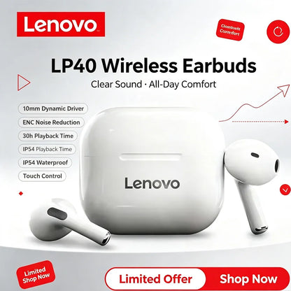 Lenovo LP40 Wireless Earbuds Bluetooth 5.0 Headphones Touch Control Stereo Sound Earphone Sport Waterproof Mini TWS Earbuds For