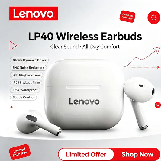 Lenovo LP40 Wireless Earbuds Bluetooth 5.0 Headphones Touch Control Stereo Sound Earphone Sport Waterproof Mini TWS Earbuds For