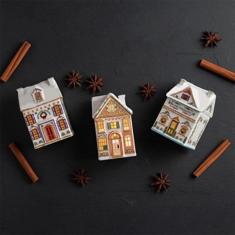 Holiday Village Spice House Set, Mini Christmas Gingerbread Houses Jars, Festive Decor Kitchen Countertop Christmas Candle