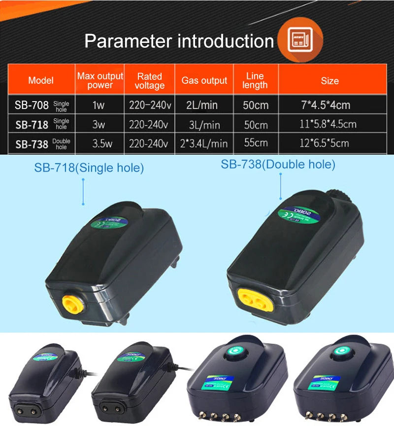 SOBO Silent Aquarium Oxygen Air Pump Fish Tank Adjustable Air Volume High Power Oxygenator Air Compressor Aerator 220v
