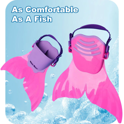 Adjustable Mermaid Silicone Fins Swimming Training & Beach, Soft Body Hard Fin with 3 Non-Slip Grips, Photo Cosplay Gear for Kid