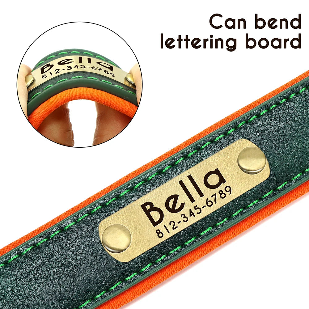 Customized PU Leather Nameplate Dog Collar Soft Padded Dogs Collars Free Engraving Name for Small Medium Large Dogs Adjustable