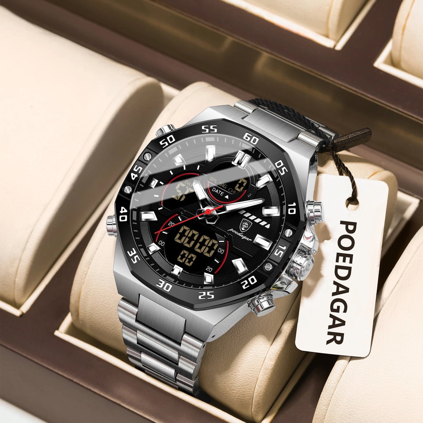 POEDAGAR Top Men Clock LED Luminous Waterproof Week Date Military Man Wristwatch Electronic Stainless Steel Quartz Men's Watches