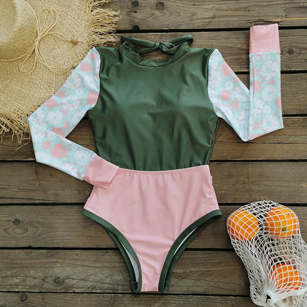 New Patchwork One-Piece Swimsuit Long Sleeve Swimwear Sports Backless Women's Swimming Bathing Suit Beach Wear Bather Surfing