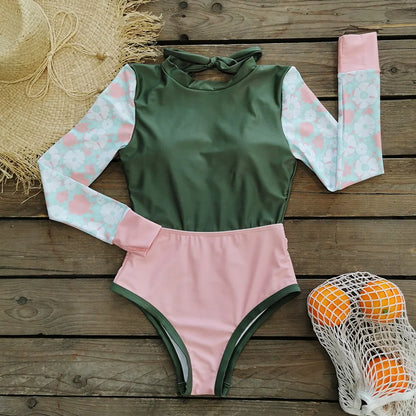 New Patchwork One-Piece Swimsuit Long Sleeve Swimwear Sports Backless Women's Swimming Bathing Suit Beach Wear Bather Surfing