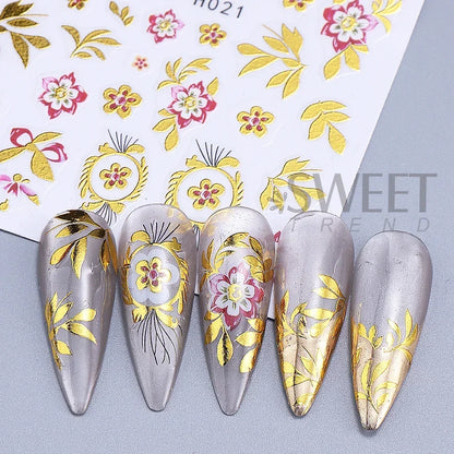 5pcs Metallic Gold Line Flower Nail Stickers 3D Bronzing Border Petals Sakura Leaf Nail Decals Slider DIY Elegant Manicure Decor