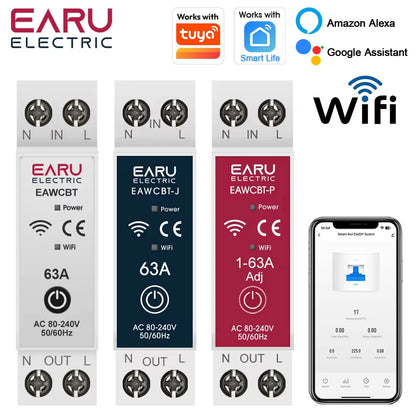 Tuya MCB WiFi Smart Circuit Breaker 1P+N 63A Timer Power Energy kWh Voltage Current Meter Protector Voice Remote Control Switch
