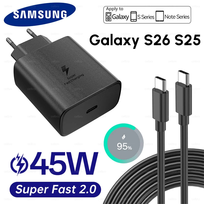 SAMSUNG Charger PD 45W Super Fast Charging Original 25W Wall Charger 5A Type C Cable Galaxy S26 S25 S24 S23 Ultra A54 A53 Note20
