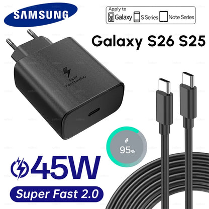 SAMSUNG Charger PD 45W Super Fast Charging Original 25W Wall Charger 5A Type C Cable Galaxy S26 S25 S24 S23 Ultra A54 A53 Note20