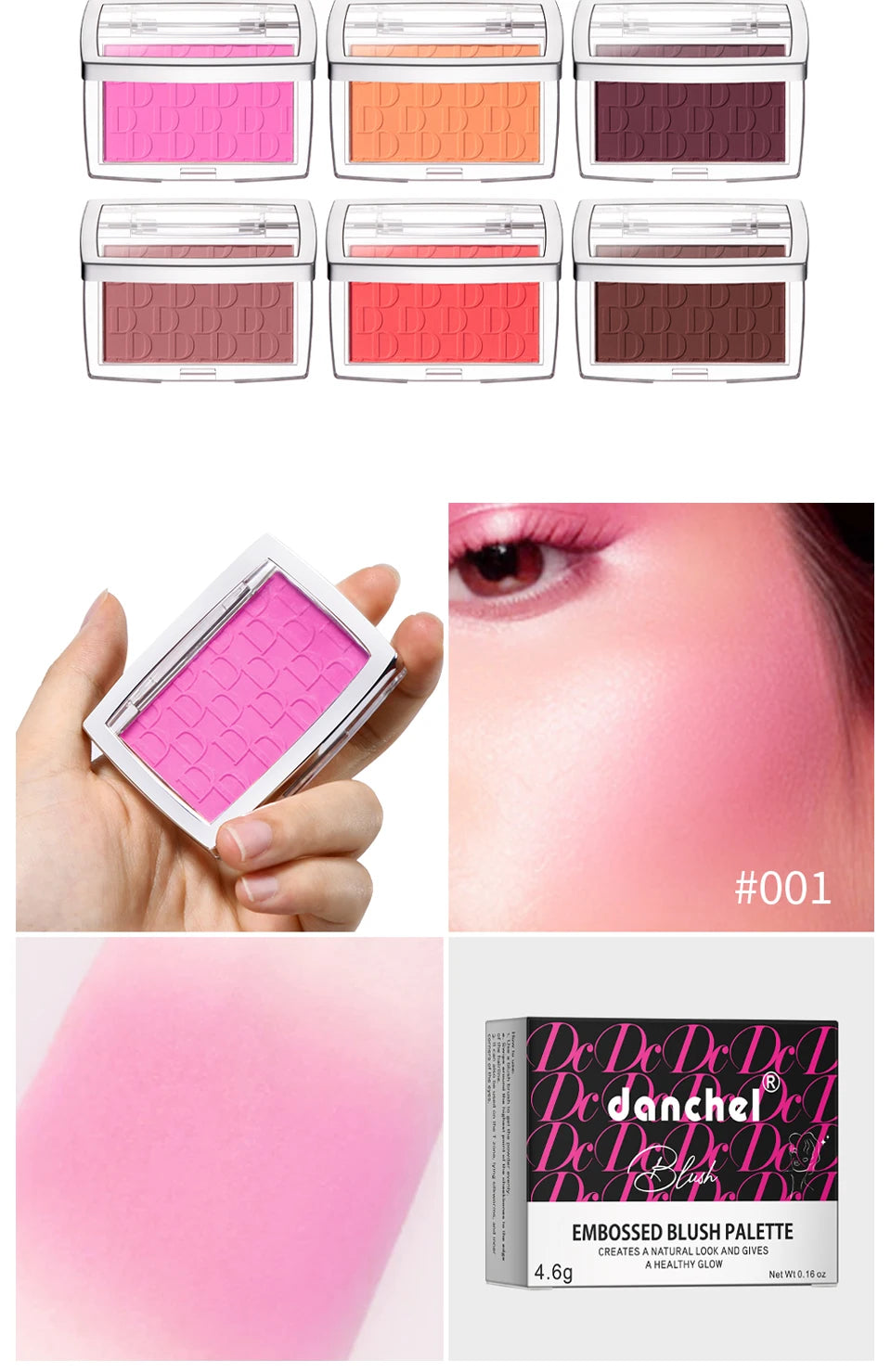 2pcs Matte Embossed Blush & Brush Long Lasting High Pigmented Multi-Purpose Blush Palette Pink Natural Color Rendering Cosmetics