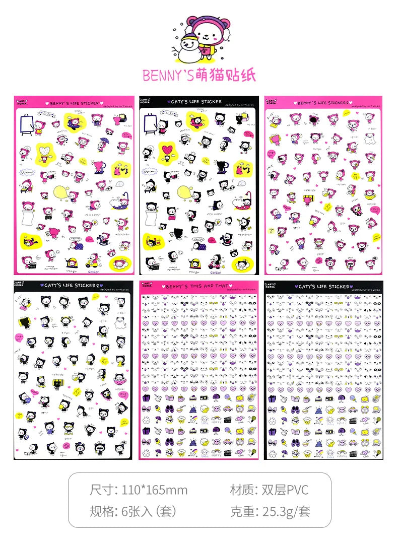 6Pcs/Lot Waterproof Cartoon Transparent Pvc Stickers DIY Hand Account Diary Decorative Stickers Kawaii Phone Cup Stickers