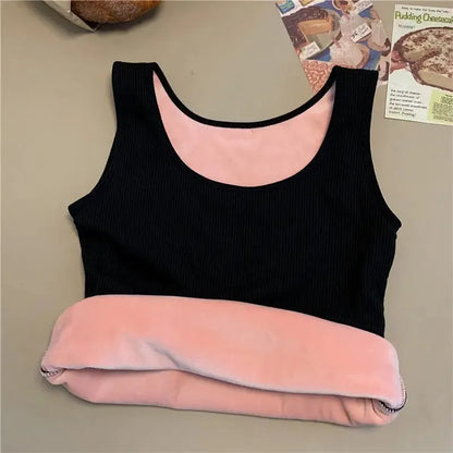 Women'S Winter Thermal Underwear Top Seamless Plus Velvet Shirt Sleeveless Vest Warm Female Undershirt Solid Color Sexy Lingerie