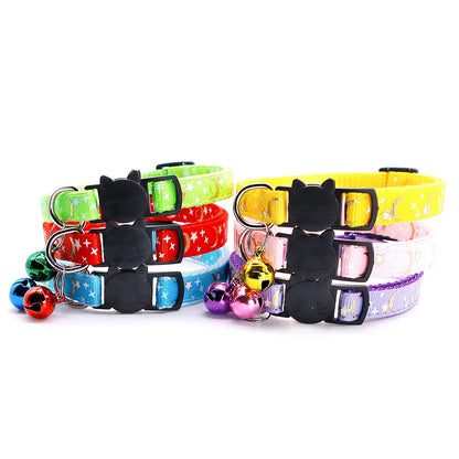 New Gold Stars and Moon Cat Collar with Reflective Safety Buckle and Bell Adjustable Cats And Small Dogs Collars