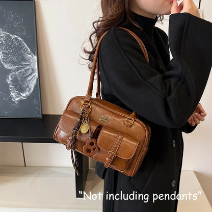 Women's Retro Solid Color Pu Leather Shoulder Bag with Multiple Pockets, Large Capacity, Exquisite and Fashionable Handbag