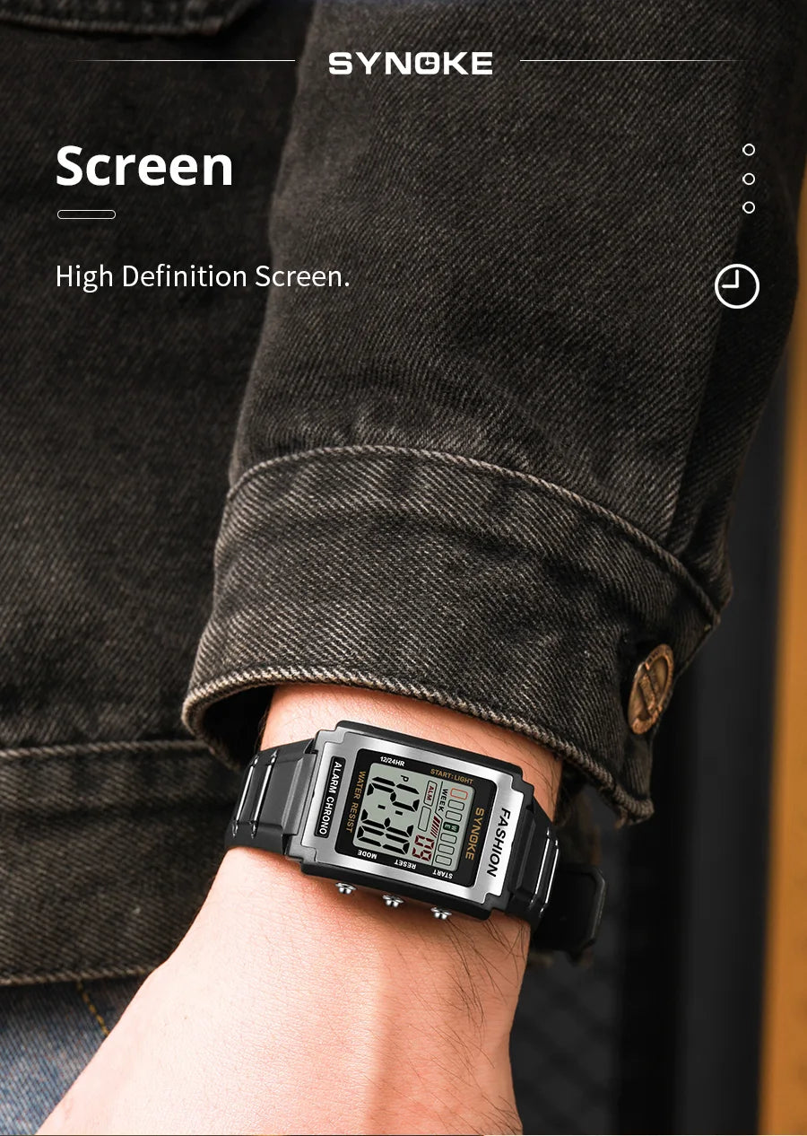 SYNOKE Men Rectangular Sports Electronic Watch Waterproof 50M Night Light Large Screen Alarm Clock Trend Retro Style