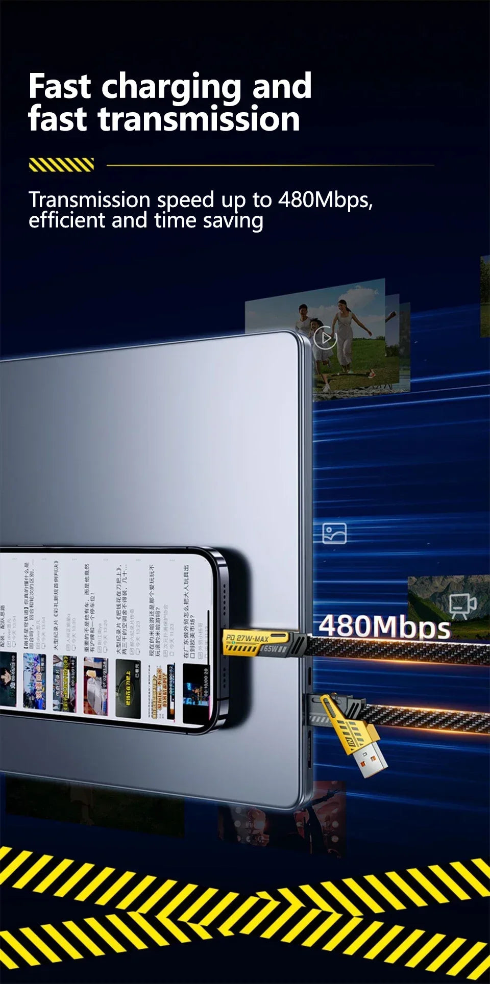 4-in-1 Fast Charging Cable, 65W PD QC Charging Cable with Multiple Connectors, Suitable for Android/iPhone