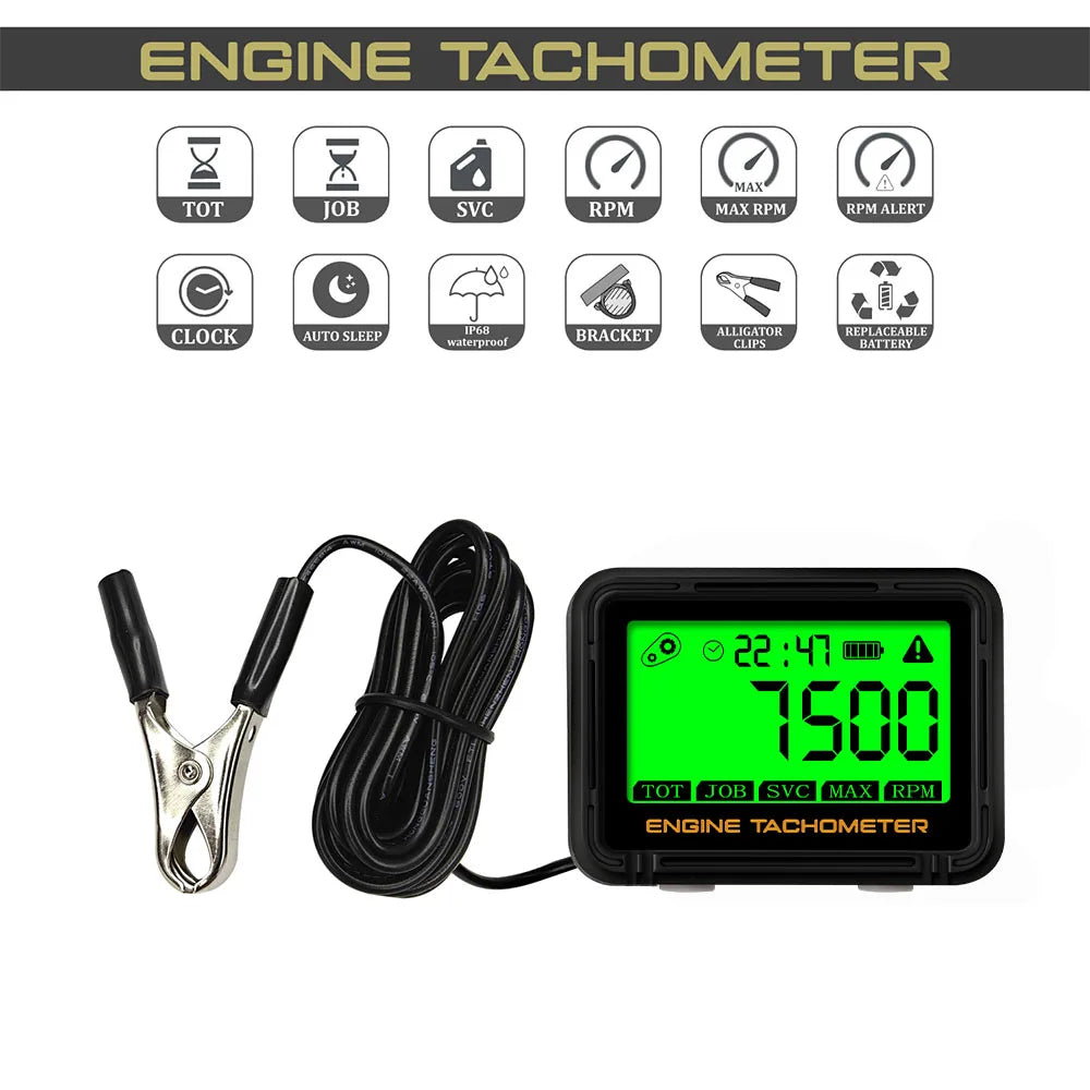 Motorcycle Inductive Digital Tachometer SVC TOT JOB Engine Hour Meter Gauge Backlight Resettable RPM for Moto Lawn Mower