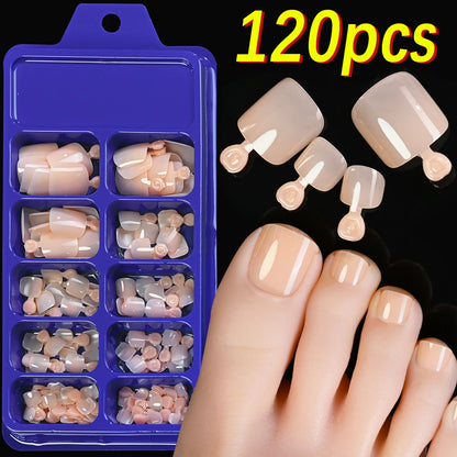 120Pcs 9-Colors French Fake Toenails Summer Short Sqaure Press On Toe Nails Tips Glossy Nude/Pink/Brown Full Cover False Toenail