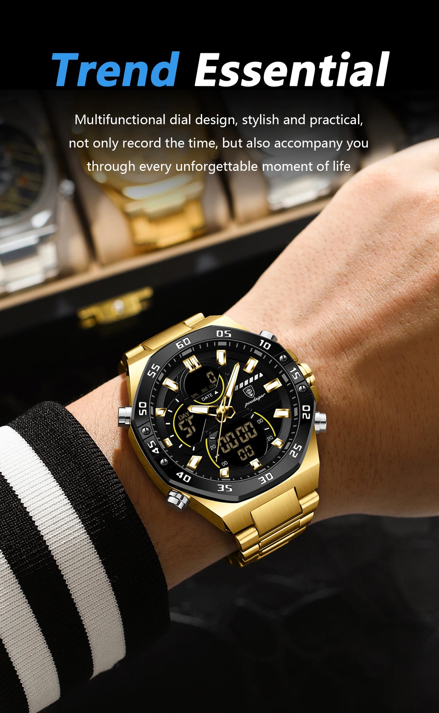 POEDAGAR Top Men Clock LED Luminous Waterproof Week Date Military Man Wristwatch Electronic Stainless Steel Quartz Men's Watches