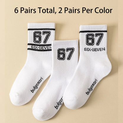Teen Fashion Socks with "67" Print - Mid-Calf Sports Socks for Trendy Kids All Season