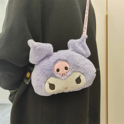 New Sanrio Cartoon Kuromi Skull Plush Bag Shoulder Bag Girl Cute Sweet Girl Heart Handbag Crossbody Bag Plush Money Storage Bag