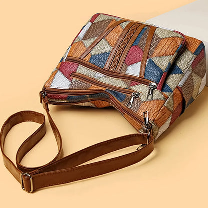 Neutral style backpack for moms with a strap design. Single shoulder bag with a patchwork pattern. Adjustable shoulder strap.