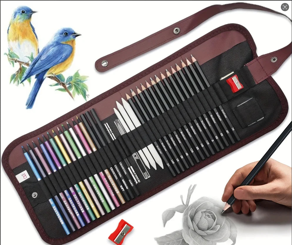 29Pcs Drawing Kit Sketching Pencils Set,Portable Pen Curtain-Charcoal Pencils, Sketch Pencils, Charcoal Stick,Sharpener,Eraser