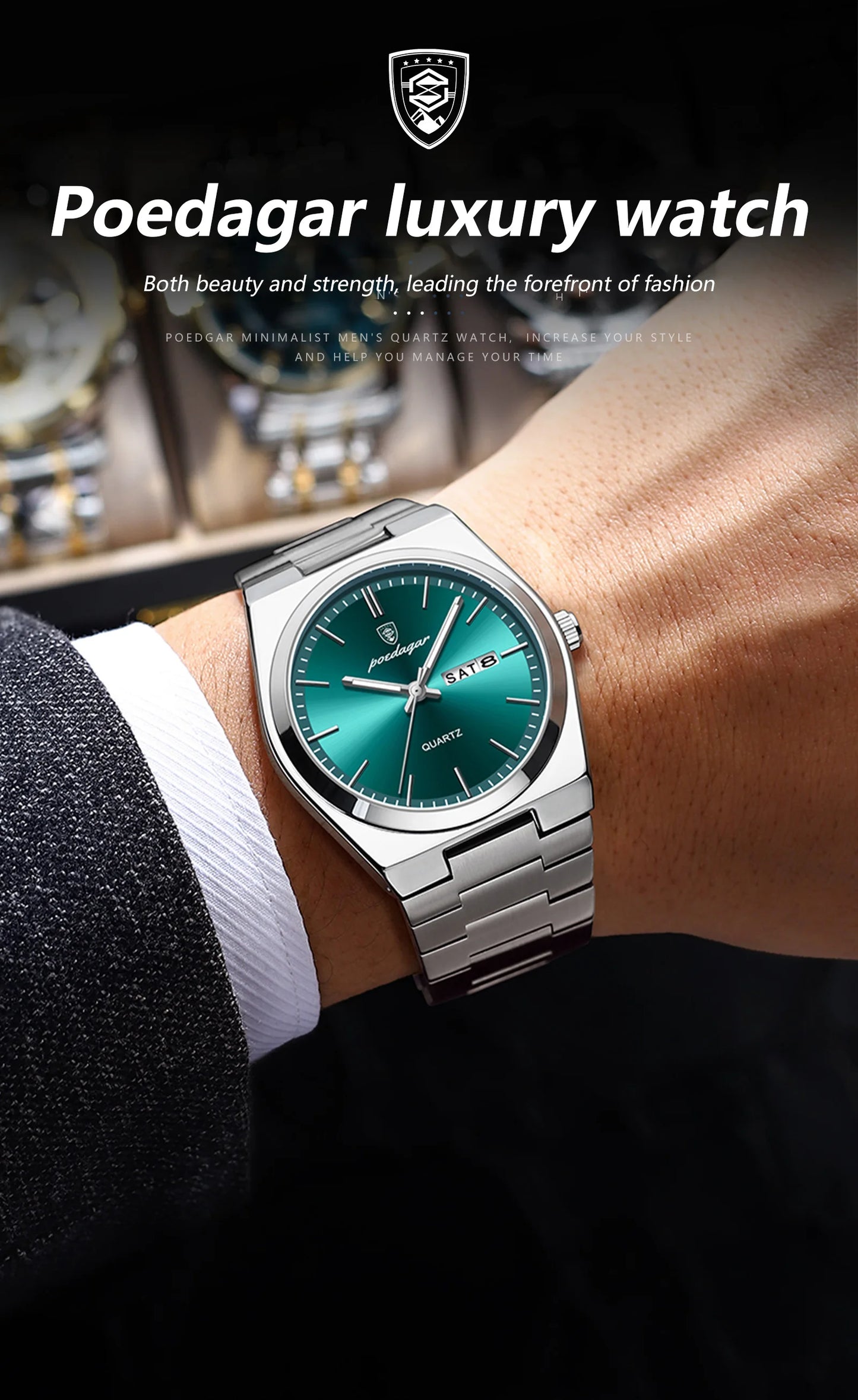 POEDAGAR Exquisite Business Men Watch Stainless Steel Waterproof Luminous Man Wristwatch Date Week Classic Men's Quartz Watches