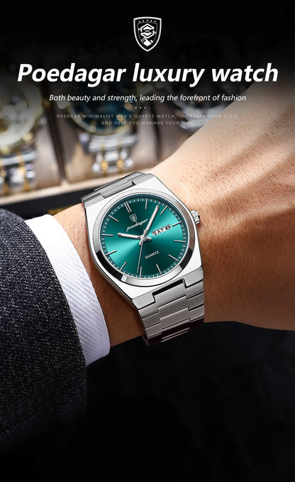 POEDAGAR Exquisite Business Men Watch Stainless Steel Waterproof Luminous Man Wristwatch Date Week Classic Men's Quartz Watches