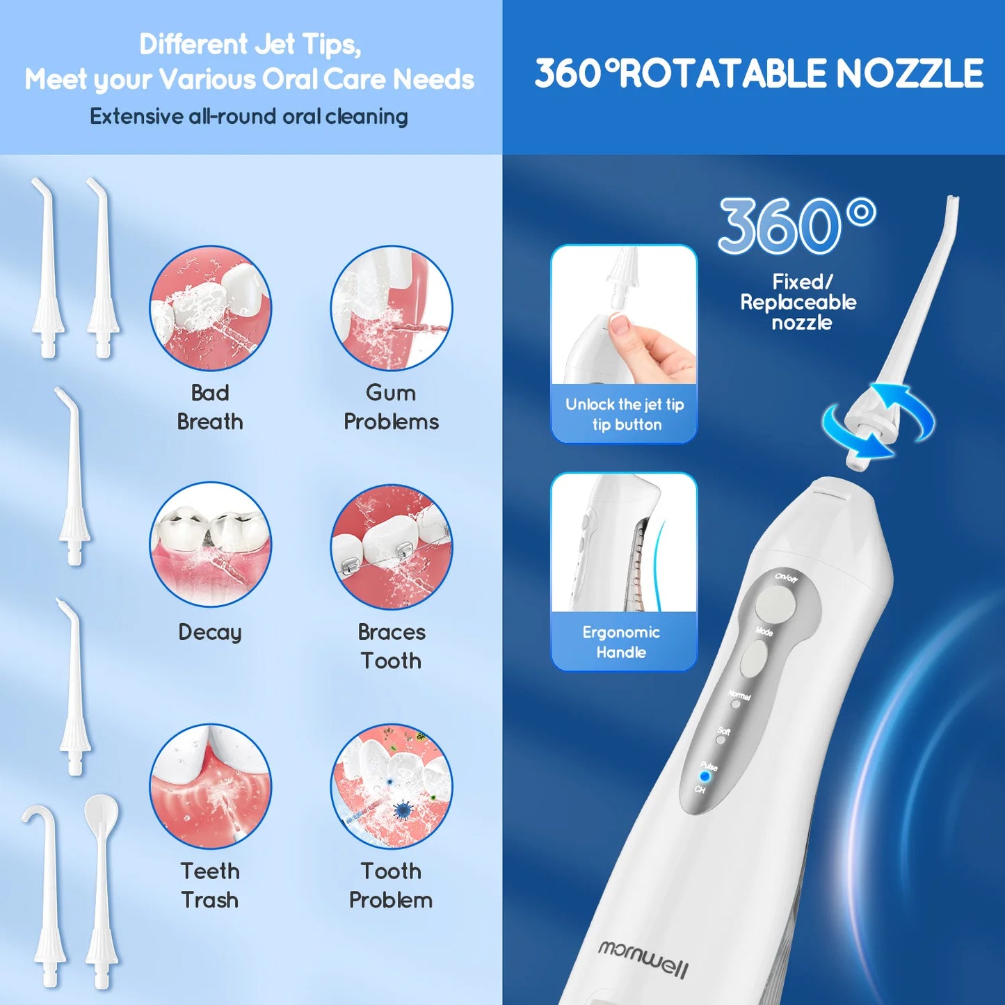 D52 Portable Cordless Water Flosser USB Rechargeable Water Jet Floss Tooth Pick 6 Jet Tip 300ml 3 Modes Teeth Clean for Travel