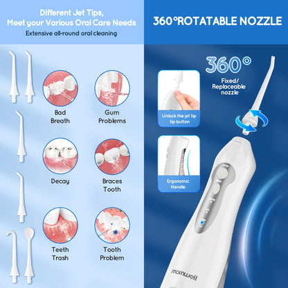 D52 Portable Cordless Water Flosser USB Rechargeable Water Jet Floss Tooth Pick 6 Jet Tip 300ml 3 Modes Teeth Clean for Travel