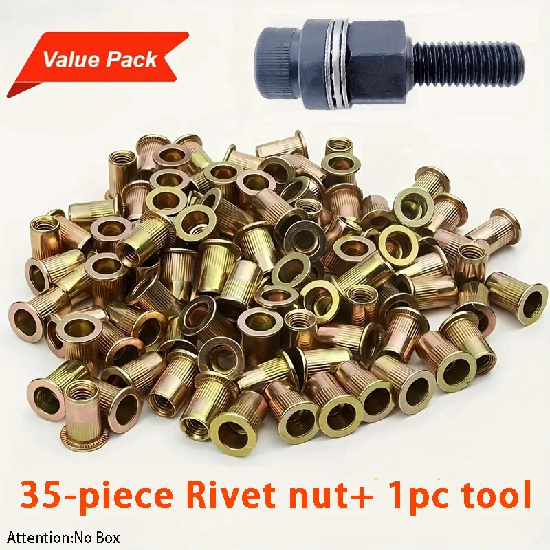 36pcs Heavy-Duty Rivet Nut Kit W/Tools (M3-M12) Zinc-Coated RH Threaded for Car Repair/Furniture/License Plate/Renovation