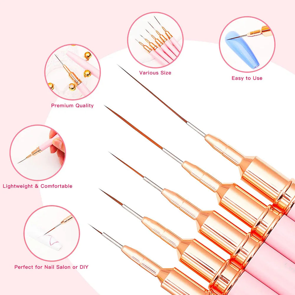 Professional Nail Art Liner Brushes Set 5pcs, Ultra Fine Tip for Detailed Striping, Drawing & Nail Design, Easy to Use DIY Manic
