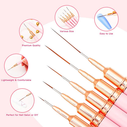 Professional Nail Art Liner Brushes Set 5pcs, Ultra Fine Tip for Detailed Striping, Drawing & Nail Design, Easy to Use DIY Manic