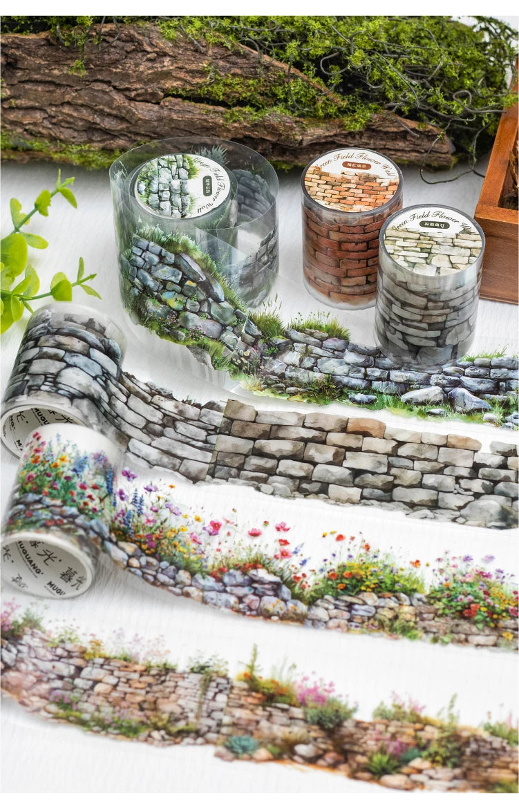 2 Roll PET Tape Green Field Flower Wall Series Sealing Stickers Album Diary Decoration Phone Case Sticker Notebook Accessories