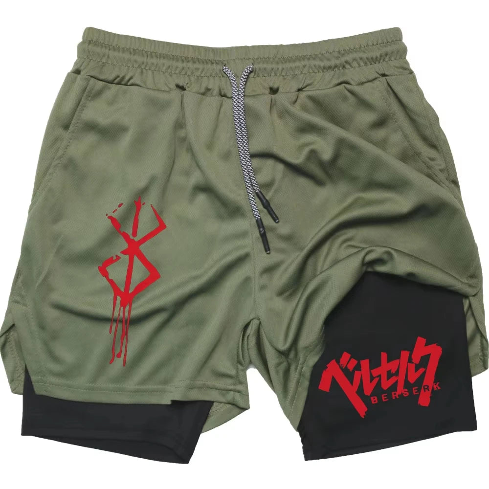 Anime Berserk Performance Shorts Men 2-in- Running Compression Shorts Training Yoga Gym Sportswear Workout Shorts with Pockets