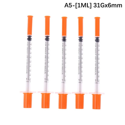 5Pcs 0.3/0.5/1ML Disposable Plastic Veterinary Syringe Orange Cap Sterile Insulin Syringe With Needles For Pet Farm Animal